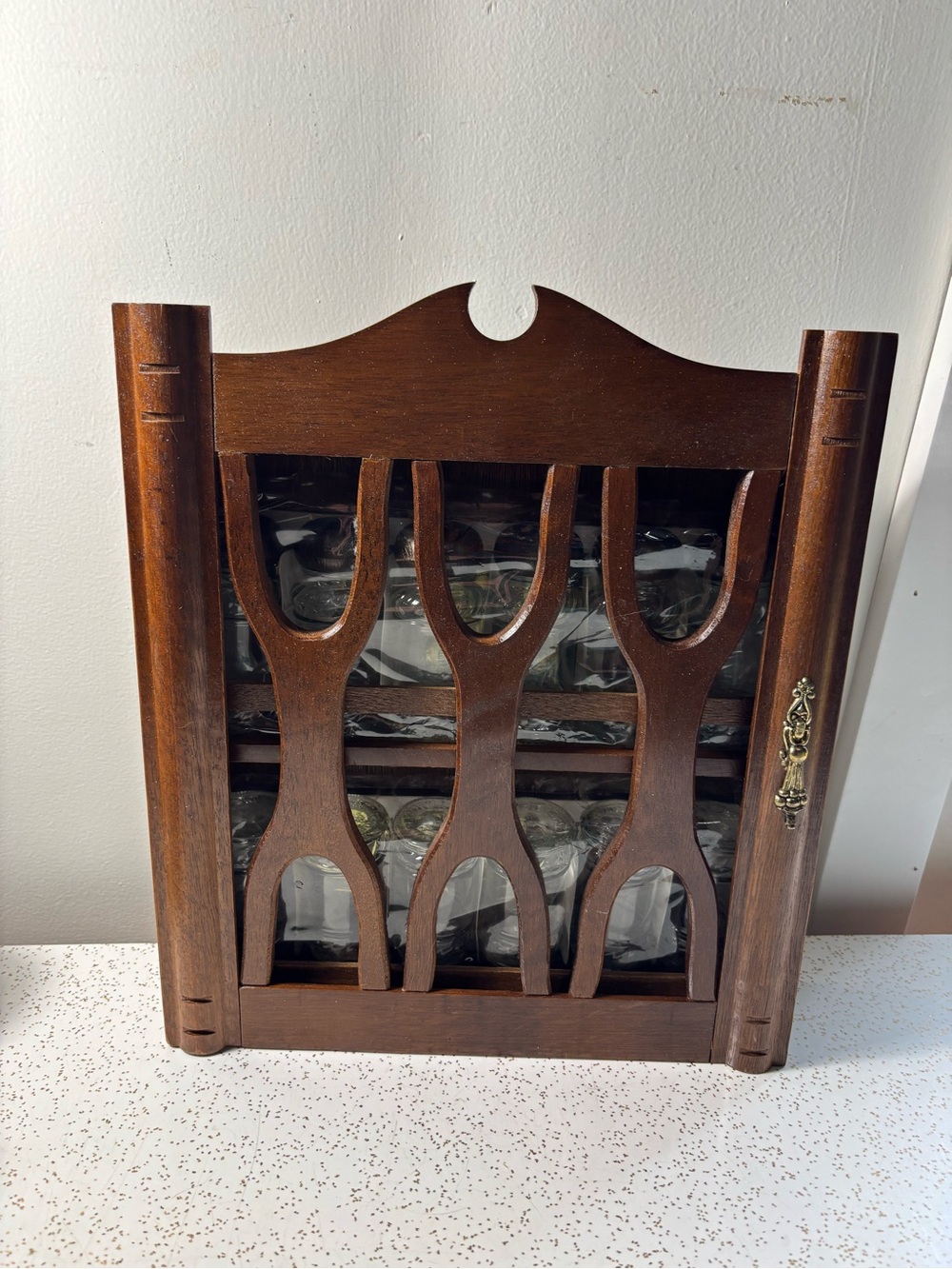NEW OLD STOCK. Vintage wooden wall mount spice cabinet with jars. COMPLETE